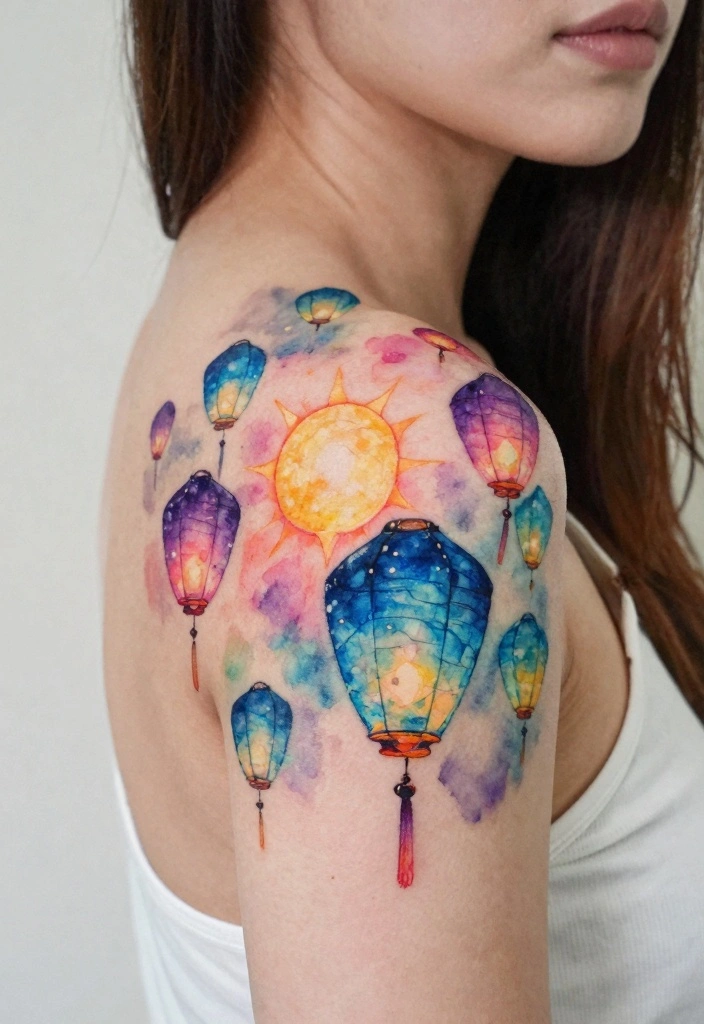18 Rapunzel Sun Tattoo Ideas Inspired by Rapunzel - 2. Watercolor Sun with Floating Lanterns 1