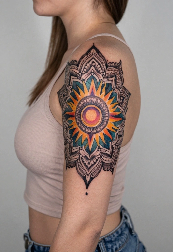 18 Rapunzel Sun Tattoo Ideas Inspired by Rapunzel - 5. Sunburst Mandala Tattoo 1