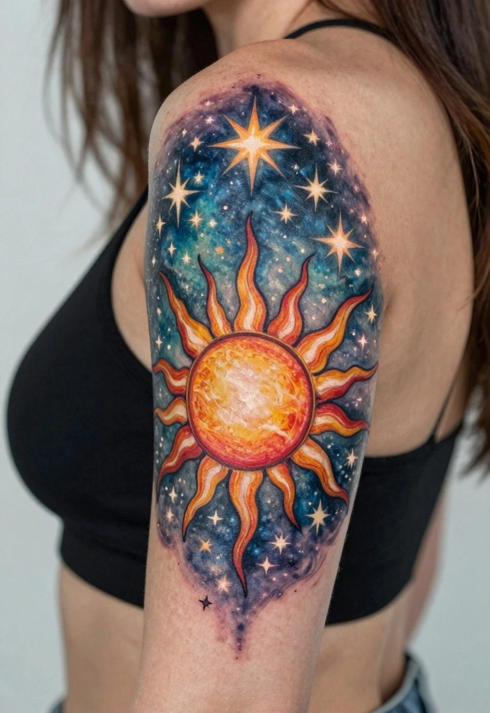 18 Rapunzel Sun Tattoo Ideas Inspired by Rapunzel - 7. Sun under a Starry Sky 1