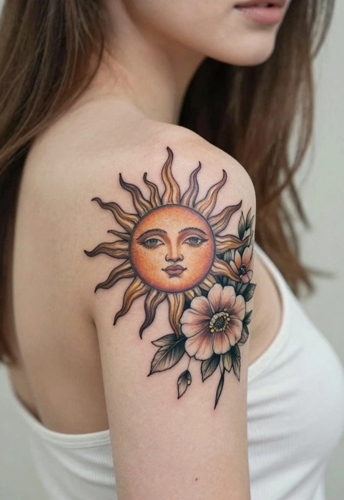 18 Rapunzel Sun Tattoo Ideas Inspired by Rapunzel - 8. Vintage Style Sun with Floral Accents 1