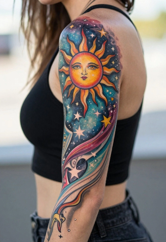18 Rapunzel Sun Tattoo Ideas Inspired by Rapunzel - 9. Celestial Sun and Stars Sleeve 1