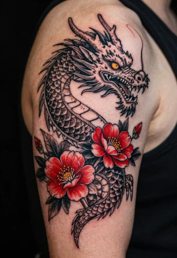 18 Red and Black Tattoo Ideas: Striking Bold and Artistic - 12. Dragon and Floral Harmony 1