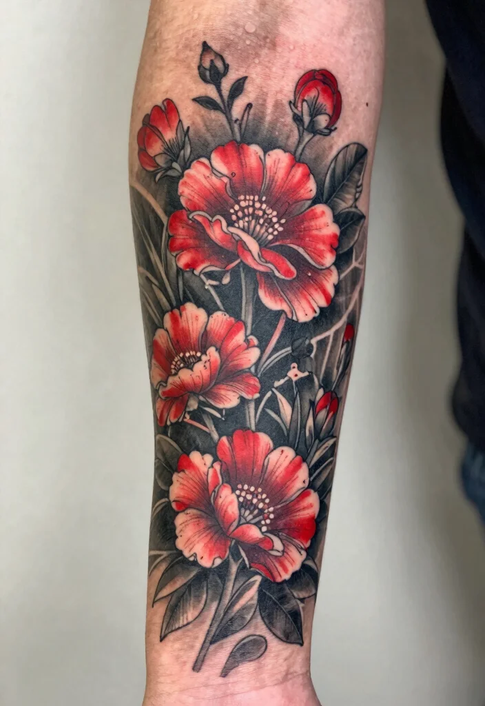18 Red and Black Tattoo Ideas: Striking Bold and Artistic - 13. Nature-Inspired Floral Landscapes 1