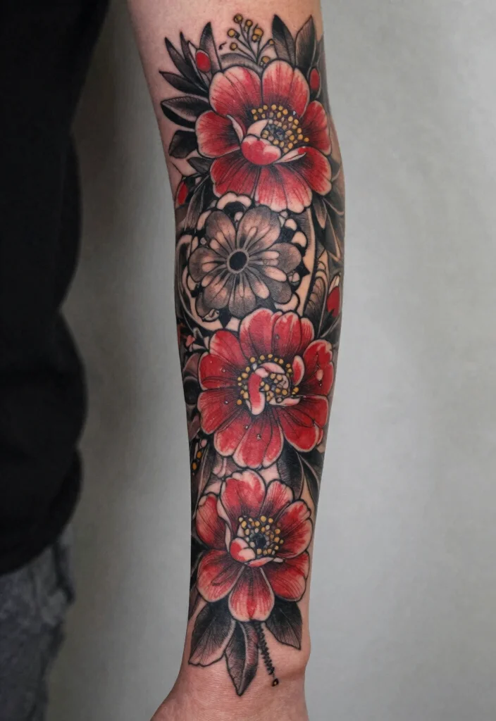 18 Red and Black Tattoo Ideas: Striking Bold and Artistic - 17. Floral Sleeve Designs 1