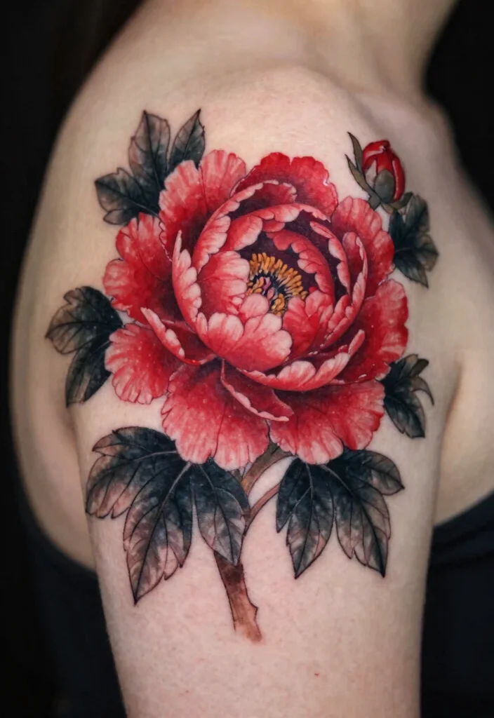 18 Red and Black Tattoo Ideas: Striking Bold and Artistic - 2. Peony Perfection 1