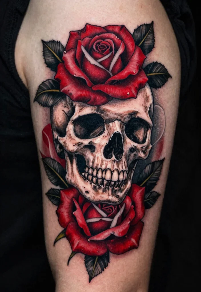 18 Red and Black Tattoo Ideas: Striking Bold and Artistic - 7. Skull and Floral Fusion 1