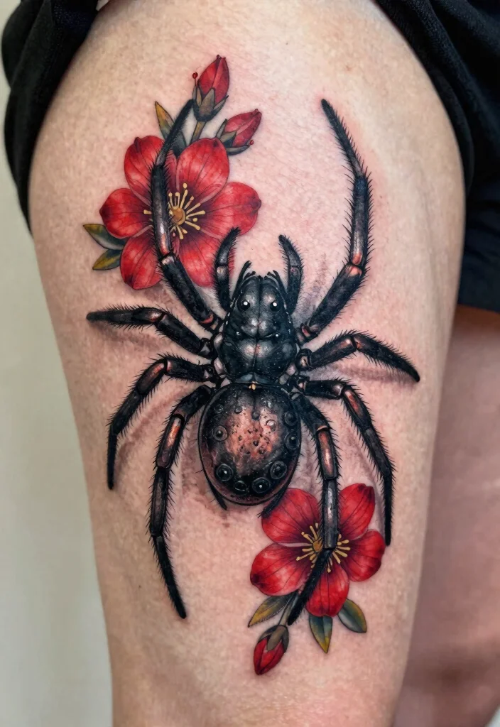 18 Red and Black Tattoo Ideas: Striking Bold and Artistic - 8. Black Widow Spider Elegance 1