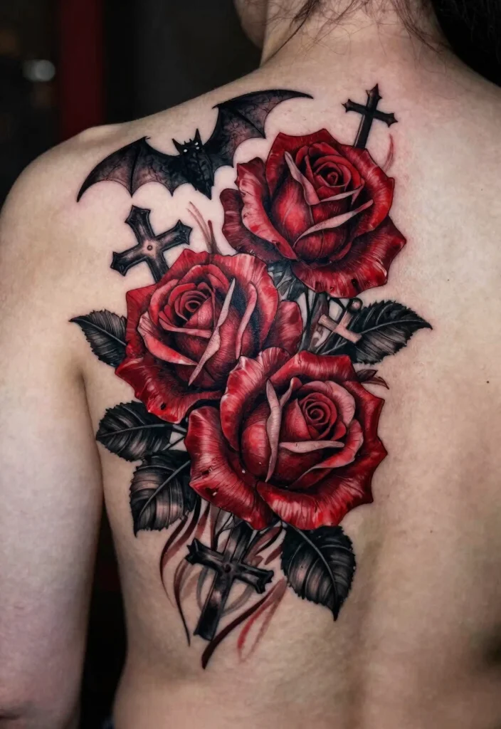 18 Red and Black Tattoo Ideas: Striking Bold and Artistic - 9. Gothic Floral Arrangement 1