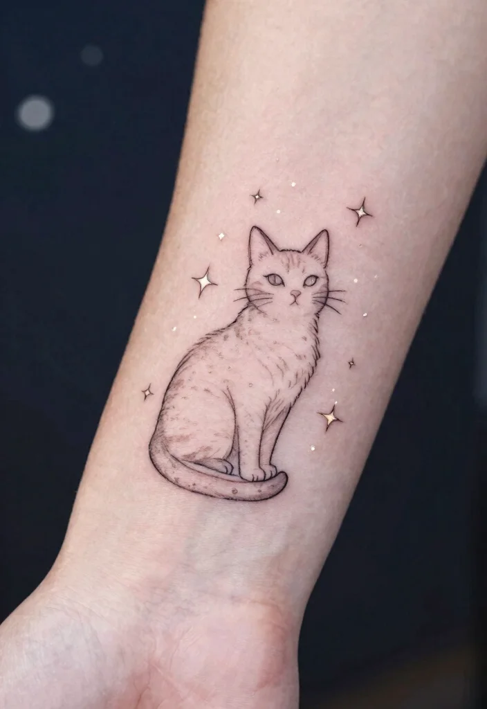 18 Tattoo Ideas Cat Lovers Will Adore - 10. Feline Outline with Stars 1
