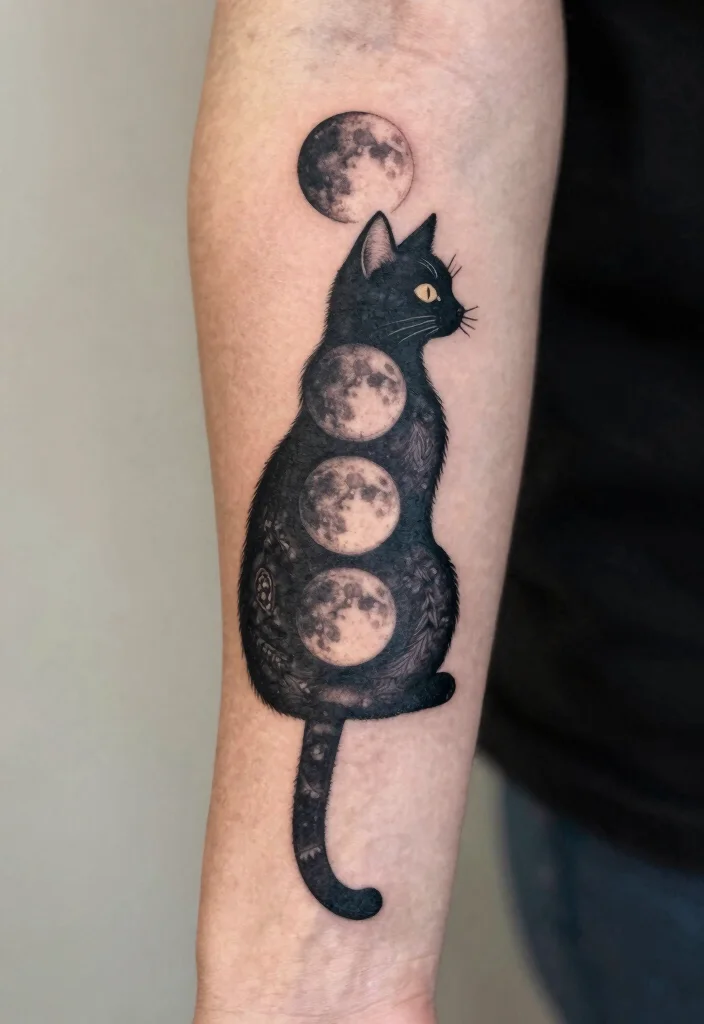 18 Tattoo Ideas Cat Lovers Will Adore - 14. Cat and Moon Phases 1