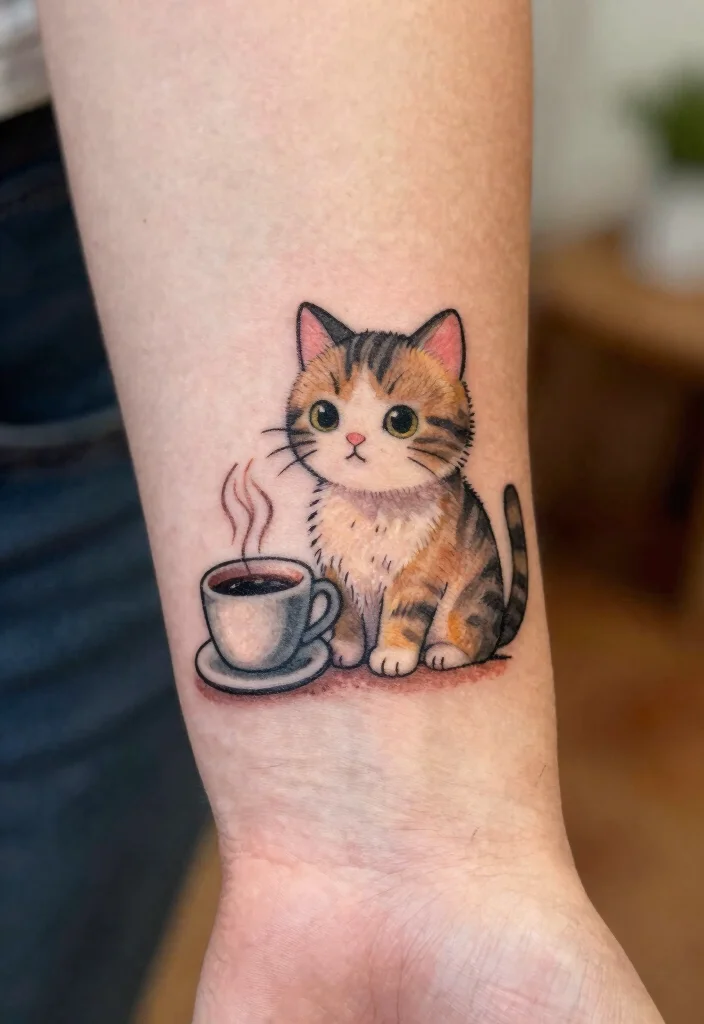 18 Tattoo Ideas Cat Lovers Will Adore - 15. Cat and Coffee 1