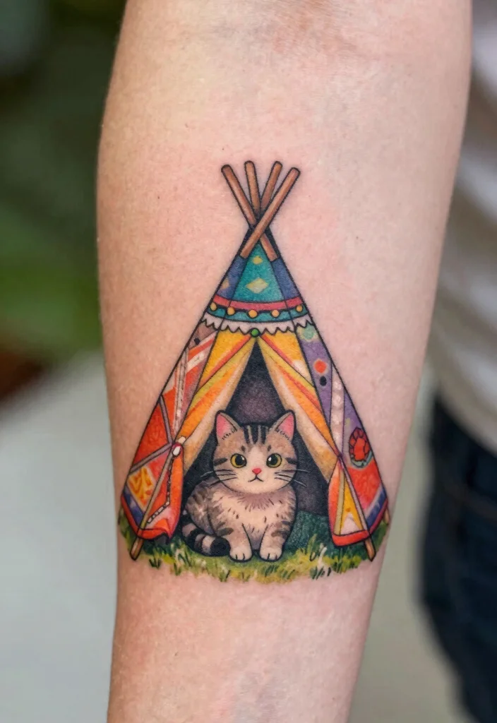 18 Tattoo Ideas Cat Lovers Will Adore - 16. Cat in a Teepee 1