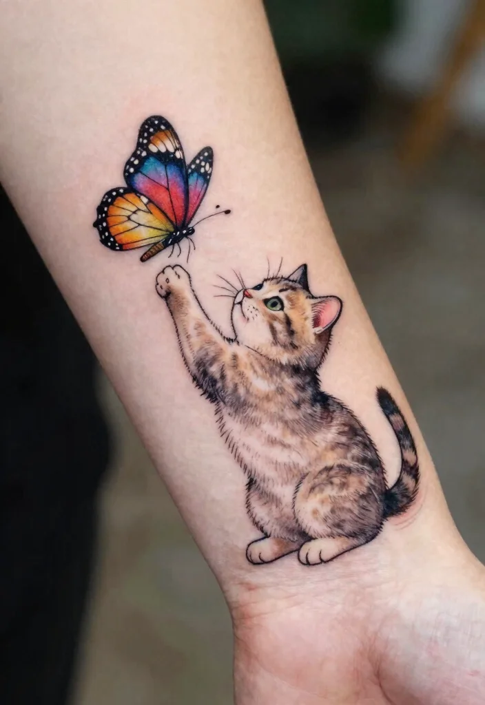 18 Tattoo Ideas Cat Lovers Will Adore - 17. Cat and Butterfly 1