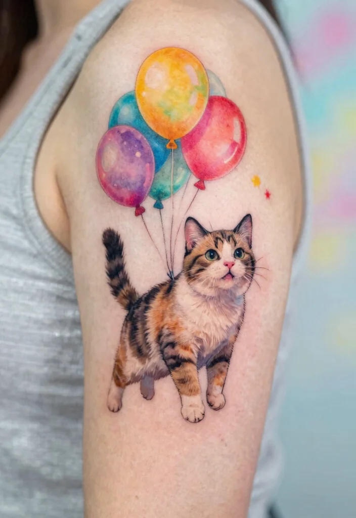 18 Tattoo Ideas Cat Lovers Will Adore - 18. Cat with Balloons 1
