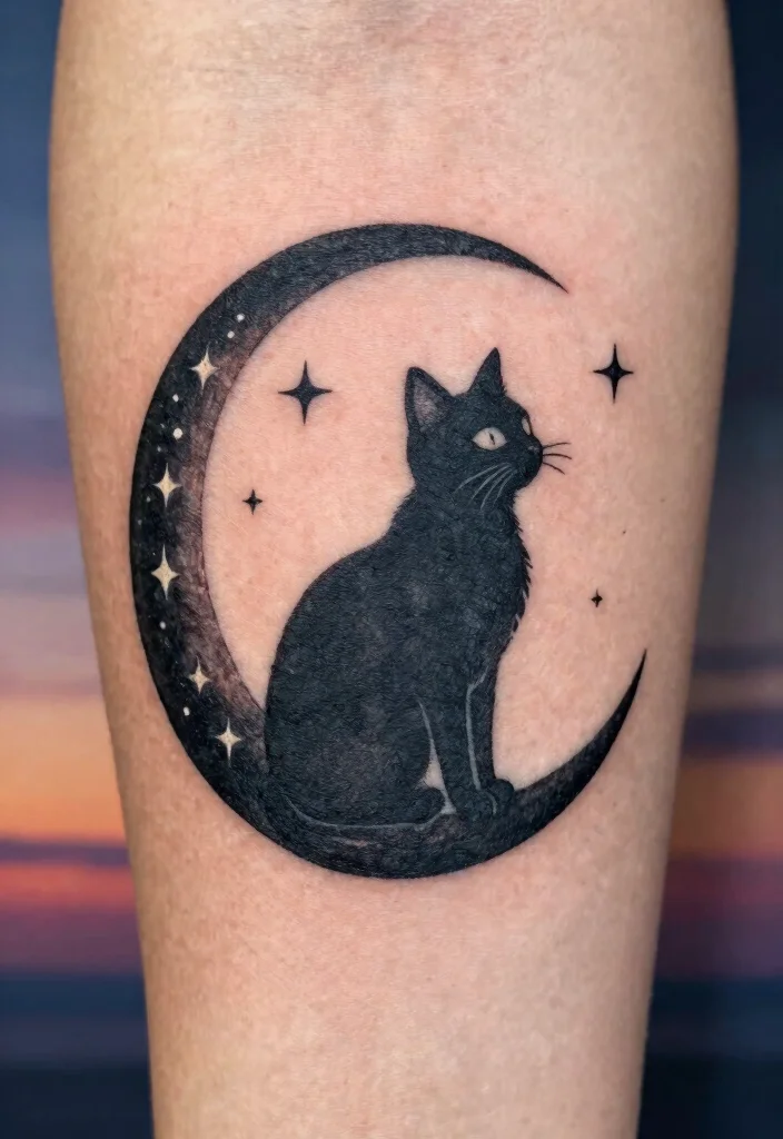 18 Tattoo Ideas Cat Lovers Will Adore - 6. Cat in a Moon 1