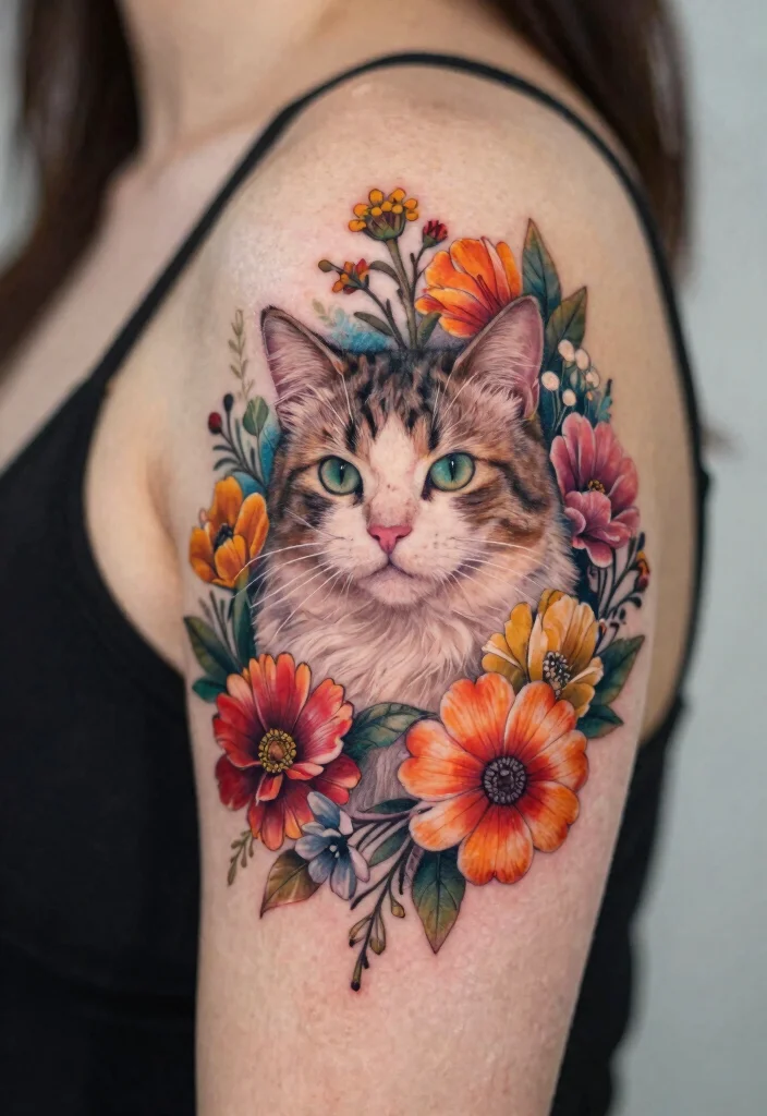 18 Tattoo Ideas Cat Lovers Will Adore - 9. Cat with Flowers 1
