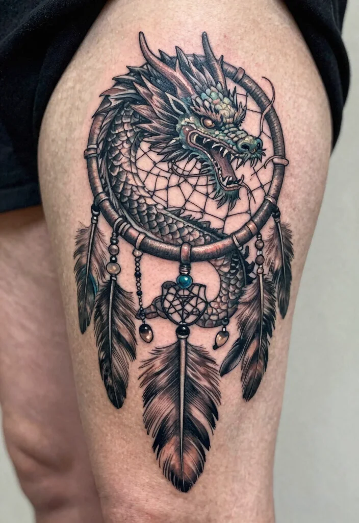 19 Dragon Tattoo Ideas You Will Want to Save - 10. Dreamcatcher Dragon Tattoos 1