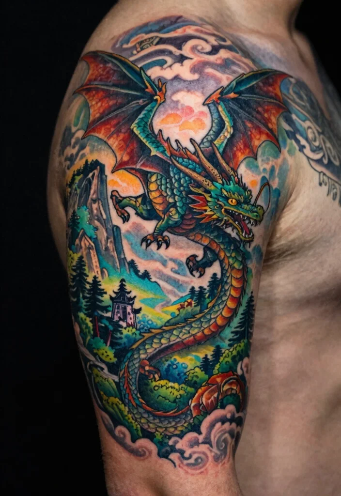 19 Dragon Tattoo Ideas You Will Want to Save - 12. Fantasy Scene Dragon Tattoos 1