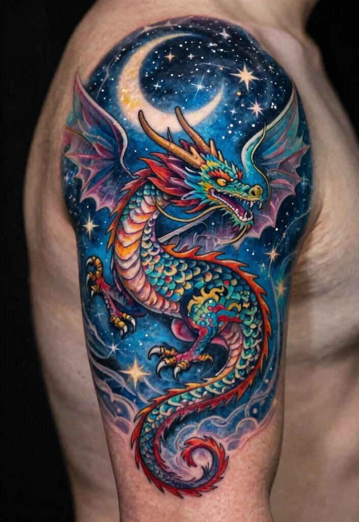 19 Dragon Tattoo Ideas You Will Want to Save - 17. Dragon Tattoos with Celestial Elements 1