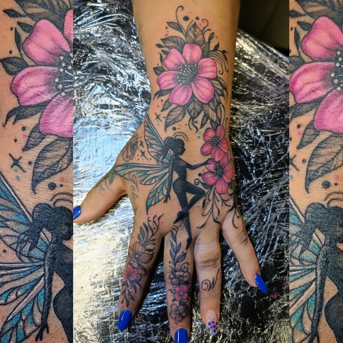 A hand decorated with colorful pink flower and fairy tattoos with blue nail polish.