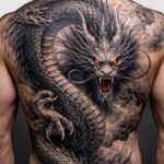 A large black and grey dragon tattoo with red eyes covering a man's entire back.
