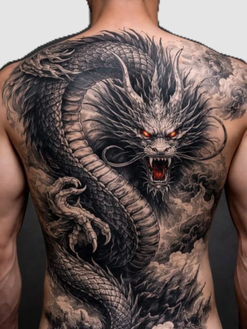 A large black and grey dragon tattoo with red eyes covering a man's entire back.