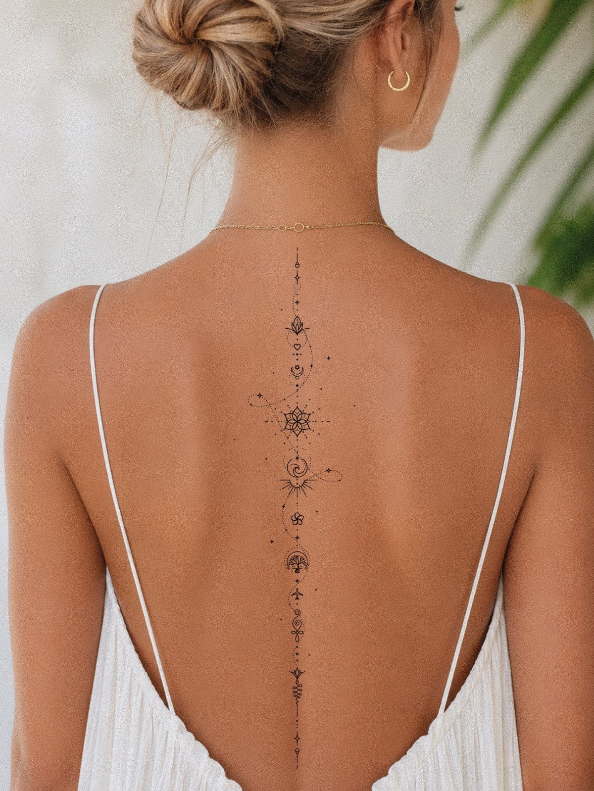 Tattoo Style Back: 9 Designs That Use the Whole Canvas 6 A woman's back featuring a fine line celestial tattoo running vertically down her spine.
