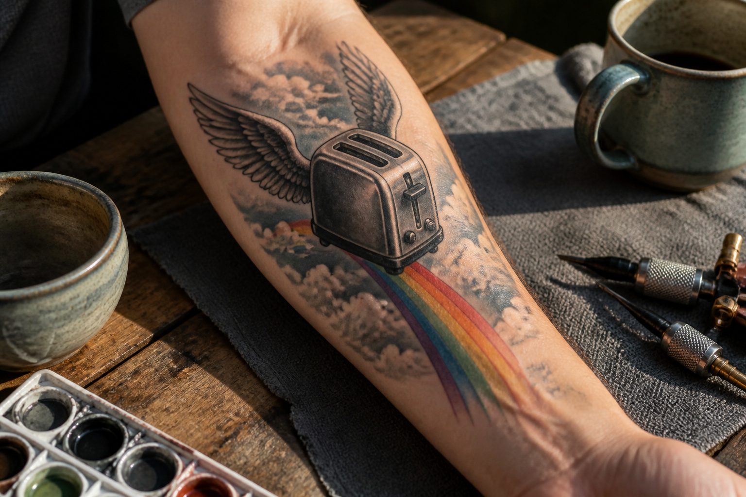 A variety of unique and colorful funky tattoos displayed together.