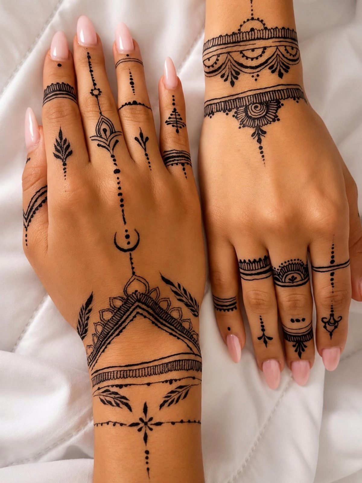 Two hands decorated with intricate black henna-style tattoos and jewelry-like patterns on a white background.
