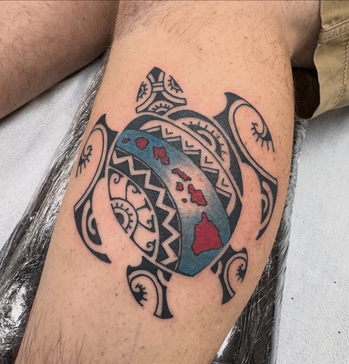 Polynesian Tattoo Pattern: 16 Island Styles From Marquesan to Maori 8 A Polynesian style sea turtle tattoo with geometric patterns on a person's leg.