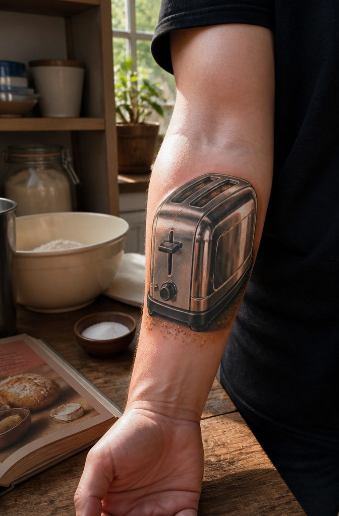 5 Types of Funky Weird Tattoos That Actually Get Inked 4 A detailed vintage toaster tattoo on a person's forearm.