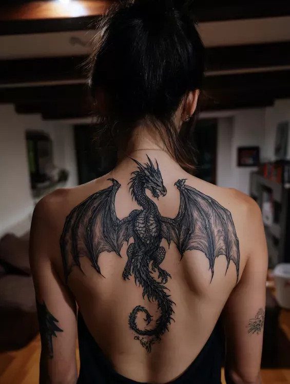 6 Dragon Backpiece Tattoo Ideas for Your Next Session 2 A large black ink dragon tattoo with detailed scales and wide wings on a person's back.