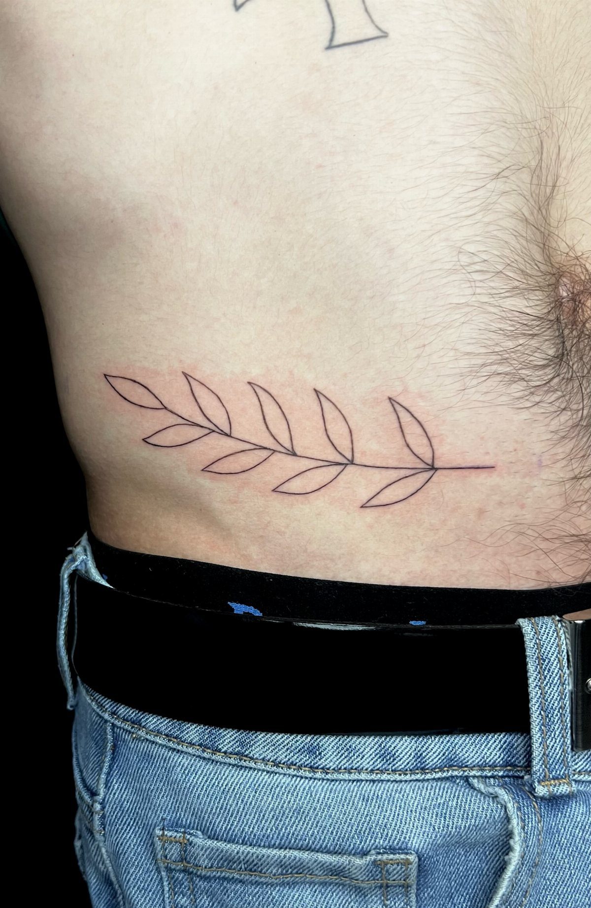 A black ink leaf branch tattoo on a man's side waist above blue jeans.