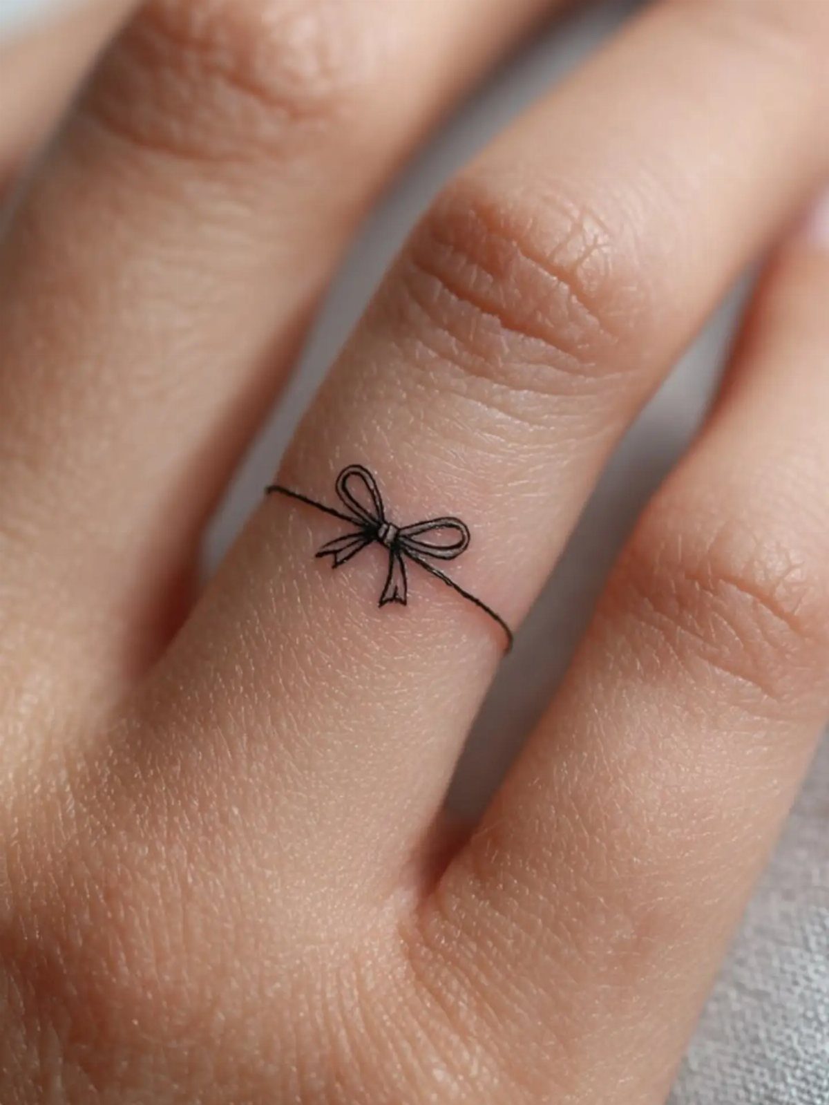 A small black ink bow tattoo encircling a person's finger like a delicate ring.