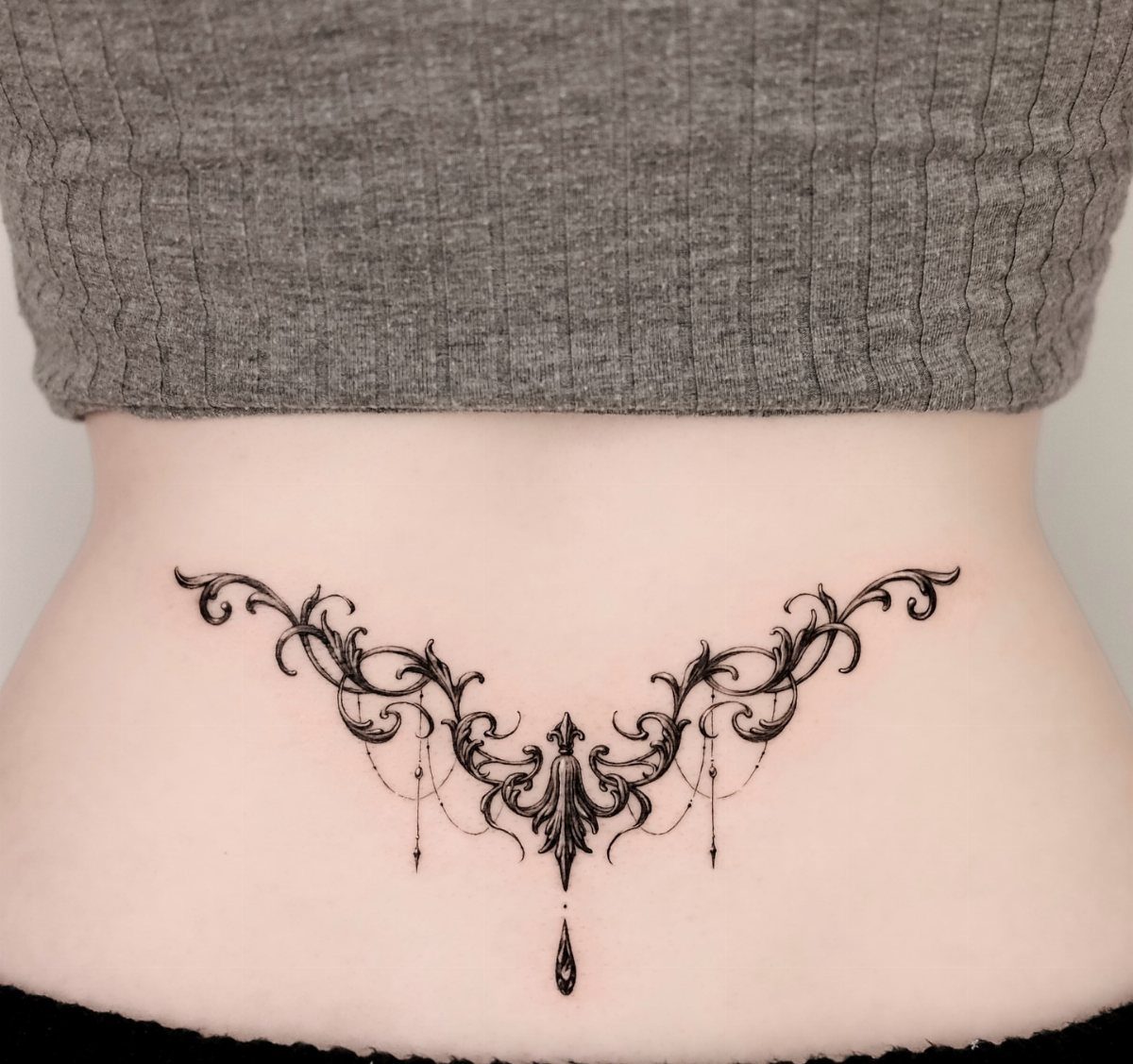 Ornamental black ink filigree tattoo on a person's lower back and side area.