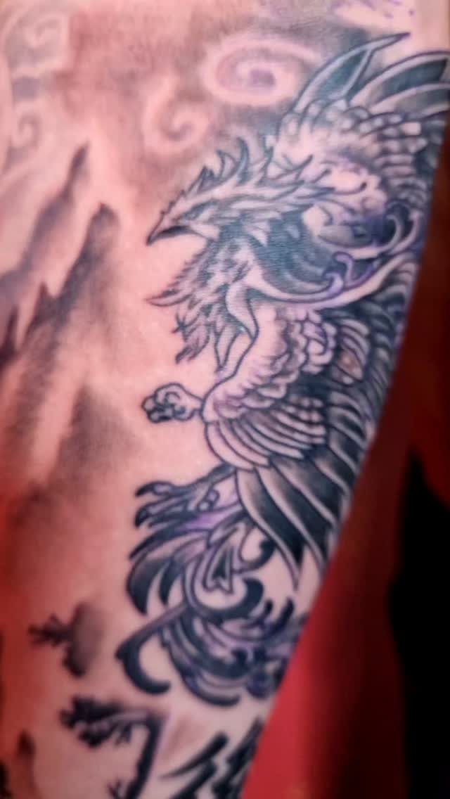 A black and grey phoenix tattoo with detailed feathers and swirling cloud patterns on skin.