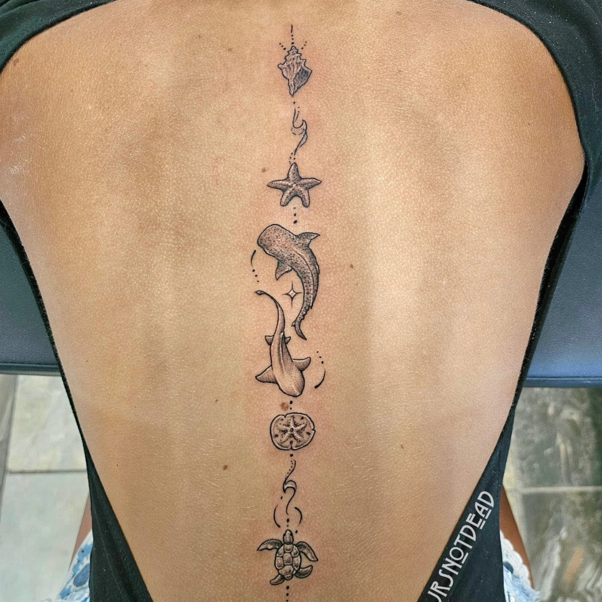 Small black ink tattoos of sea creatures arranged vertically on a person's back.