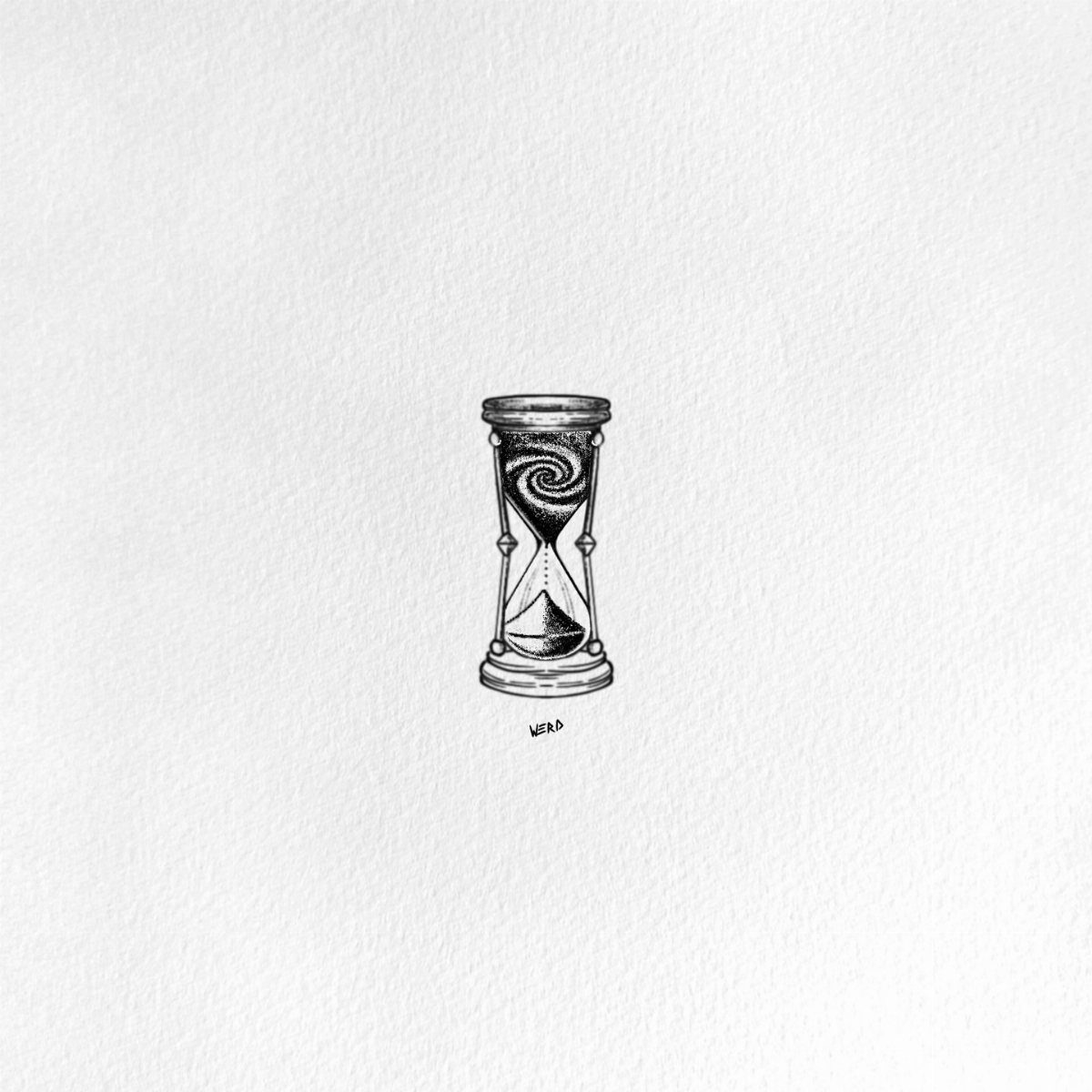 25 Space Themed Tattoos from Watercolor Cats to Black Holes 25 A stippled black and white drawing of an hourglass containing a swirling galaxy pattern.