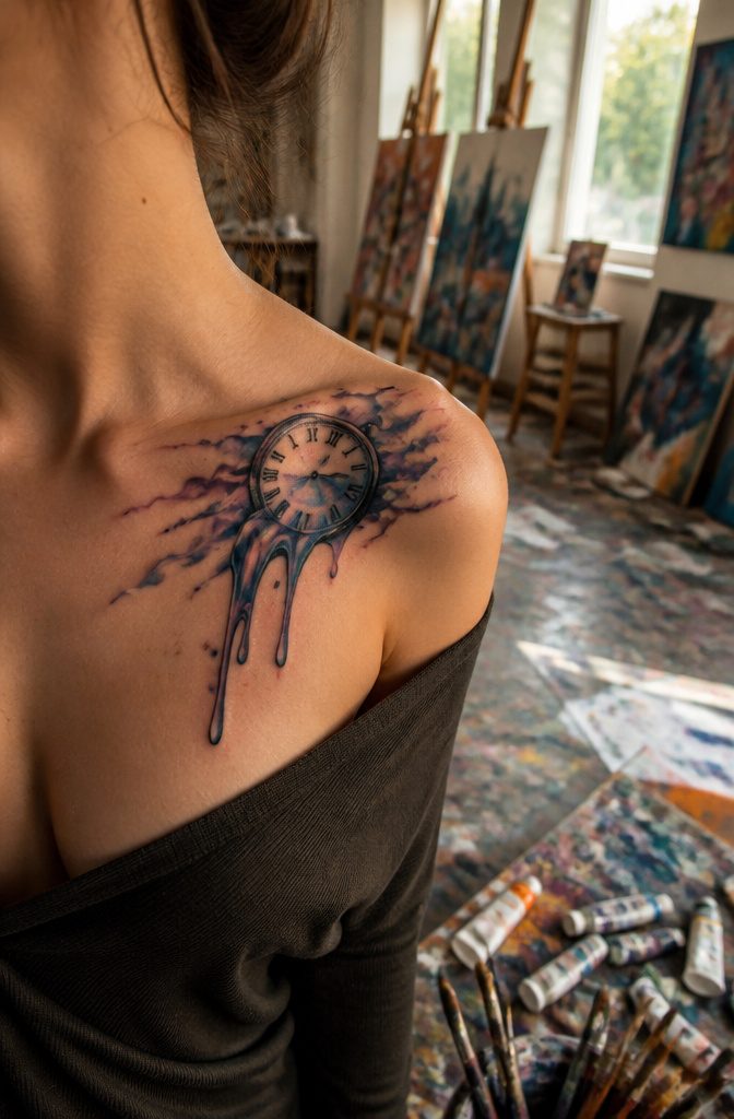 5 Types of Funky Weird Tattoos That Actually Get Inked 6 A melting clock tattoo on a woman's collarbone in an artist's studio.