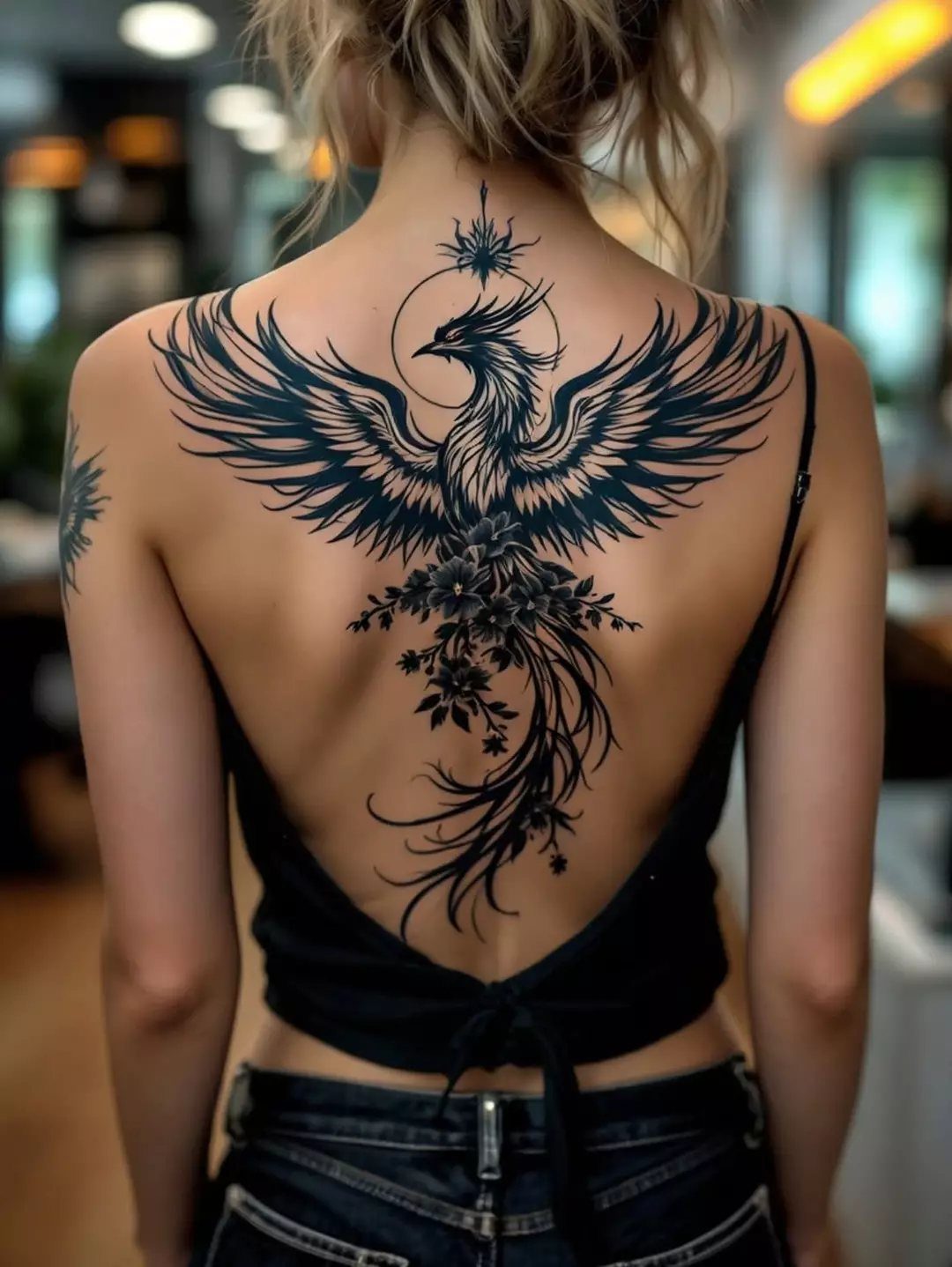 A woman with a large black phoenix tattoo spanning across her upper and middle back.