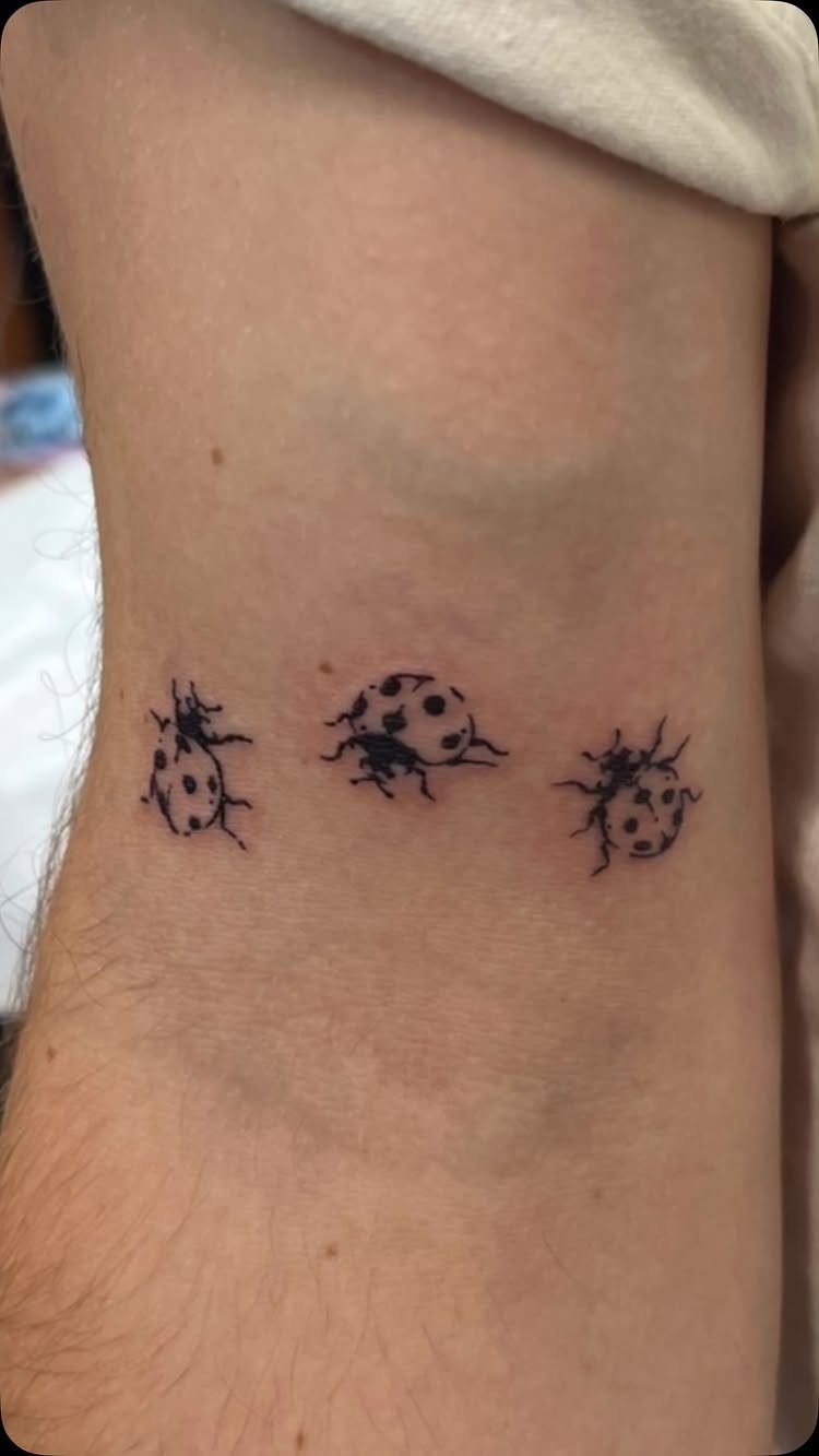 22 Delicate Tattoo Ideas for Light, Fine-Line Ink 12 Three small black ladybug tattoos arranged in a horizontal line on human skin.