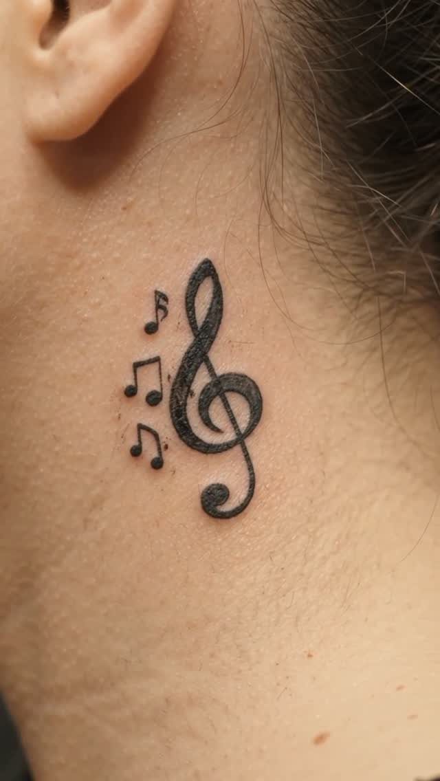 22 Delicate Tattoo Ideas for Light, Fine-Line Ink 15 A small black treble clef and musical notes tattoo on a person's neck.