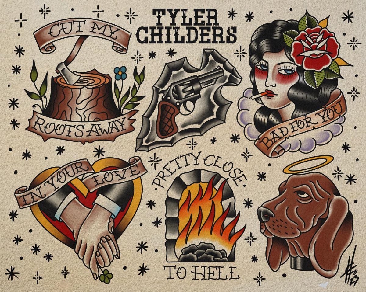 Tattoo Style Words: 7 Ways Lettering Takes Shape on Skin 2 Traditional tattoo flash designs featuring various illustrations and stylized text banners on a tan background.