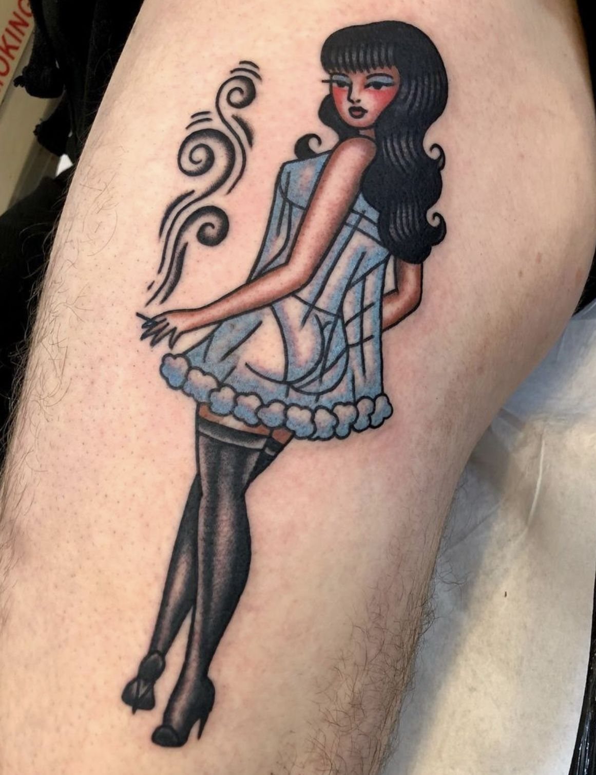 Traditional Lady Tattoo: 9 Designs for Every Style 7 A traditional style tattoo of a vintage pin-up woman on a person's leg.