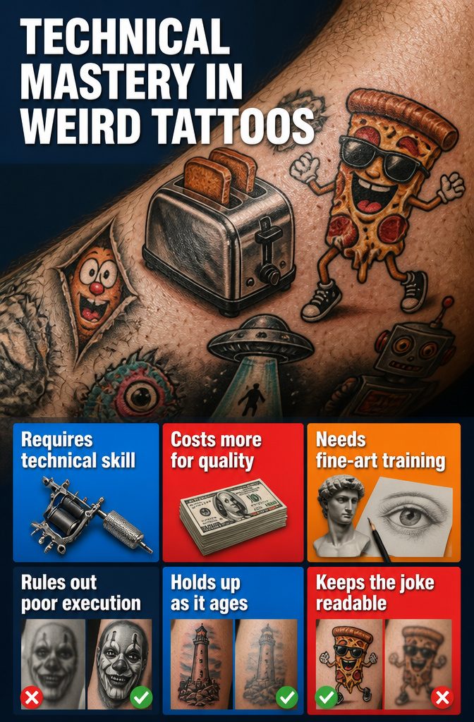 5 Types of Funky Weird Tattoos That Actually Get Inked 7 An information image about technical mastery in unusual tattoo art.
